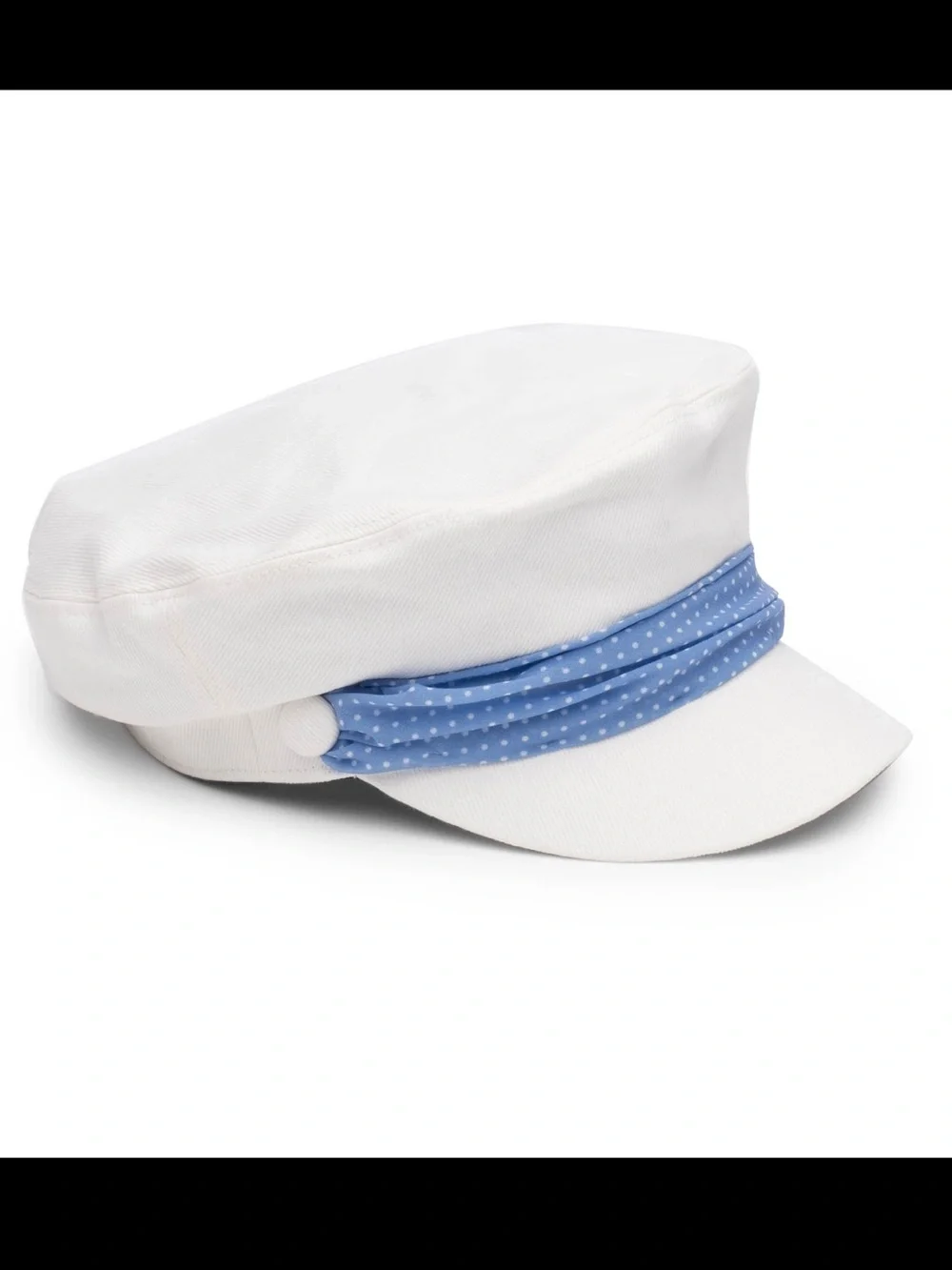 White Cotton Sailor Cap with Blue Polka Dot Band